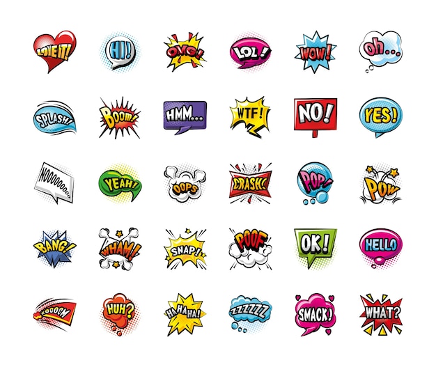 Pop art bubbles detailed style 30 icon set design of retro expression comic