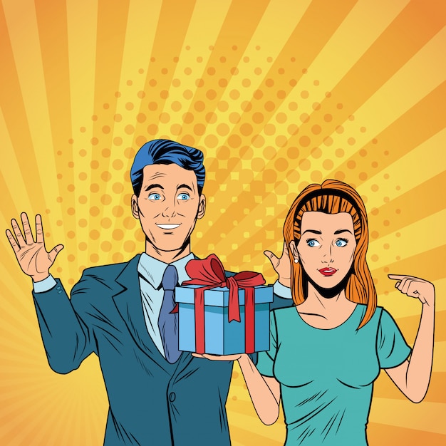 Pop art business couple with present cartoon