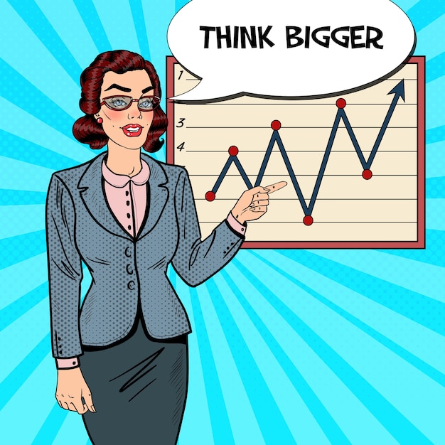 Vector pop art business woman pointing on growth graph. business presentation.