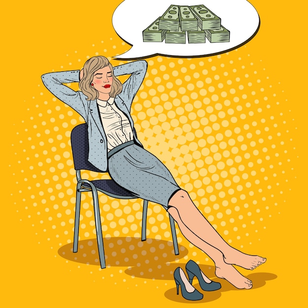 Vector pop art business woman relaxing and dreaming about money.