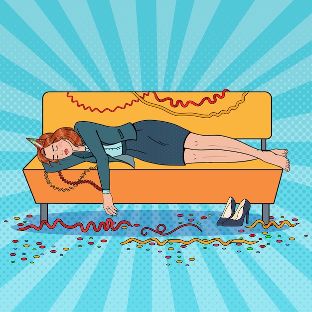 Vector pop art business woman sleeping on sofa after night office party. new year celebration, birthday.