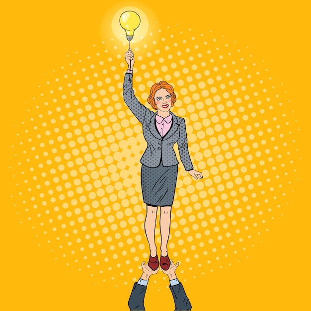 Pop art business woman with lightbulb. team work concept.