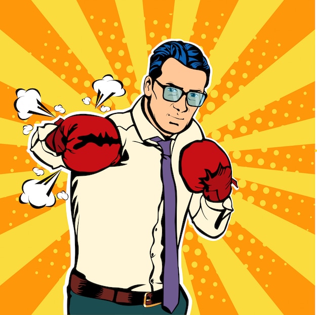 Vector pop art businessman in boxing gloves fights