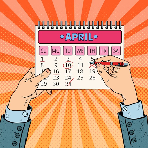 Vector pop art businessman hand planning calendar date.