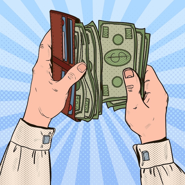 Vector pop art businessman hands holding wallet with money