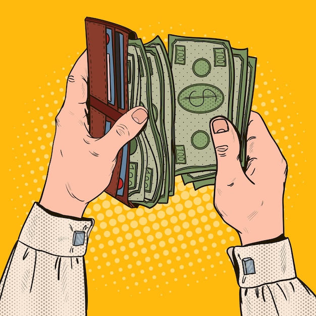 Vector pop art businessman hands holding wallet with money