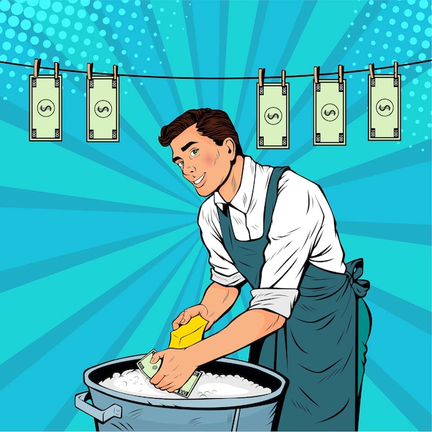 Pop art businessman washes the dollar