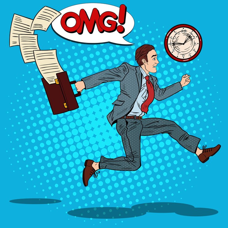 Vector pop art businessman with briefcase running to work.  