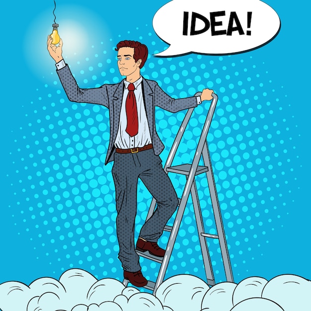 Pop art businessman with ladder and lightbulb in the clouds