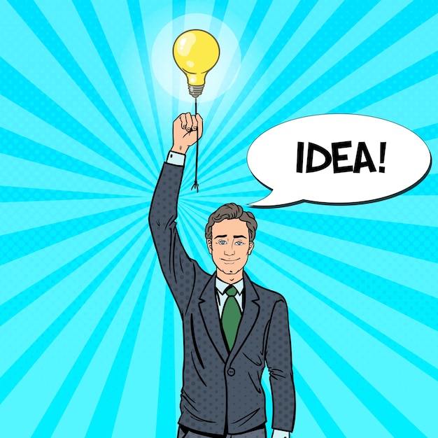 Pop Art Businessman with Lightbulb Idea. 