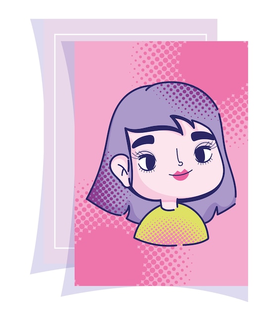 Поп-арт мультфильм девушка фиолетовые волосы полутоновый дизайн комиксов