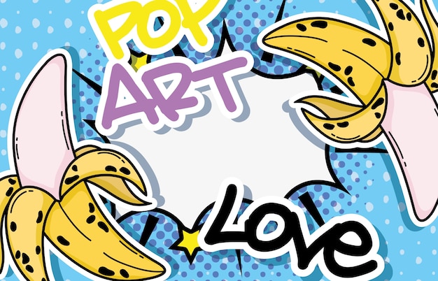 Cartoni animati pop art con banane e messaggi d'amore