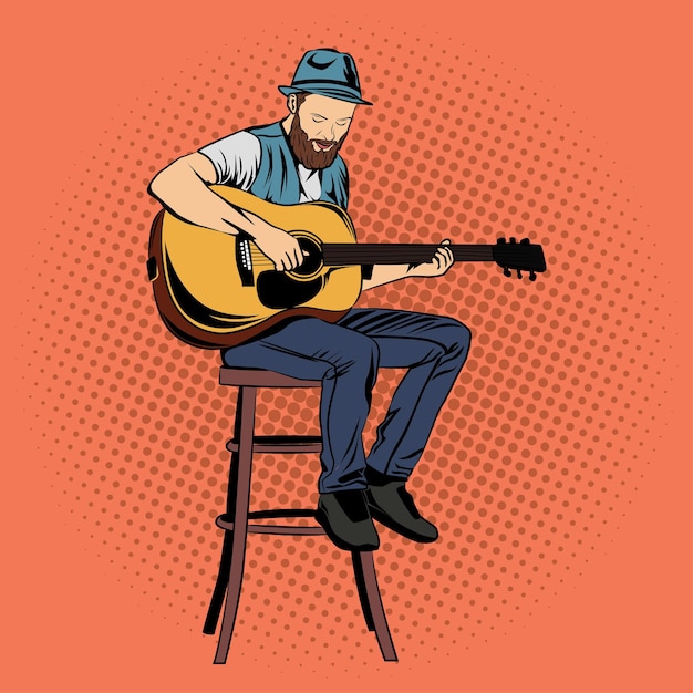 Pop Art Comic Guitar Player Playing Guitar Vector Illustration