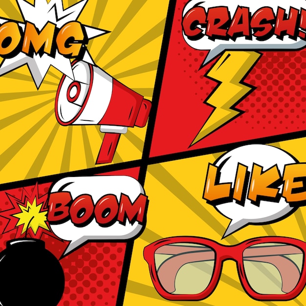 Comic pop art set megafono occhiali bomba e fulmine