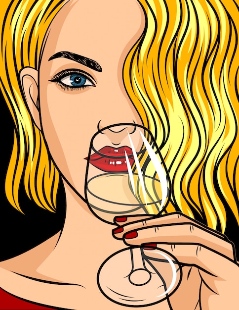 Pop art comic style illustration, blonde girl with red lipstick and wavy hair