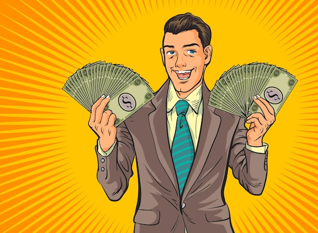 Vector pop art comics successful happy business man celebrating in falling down money