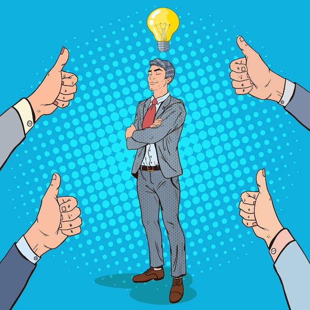 Pop art confident businessman with idea light bulb and hands showing thumbs up.