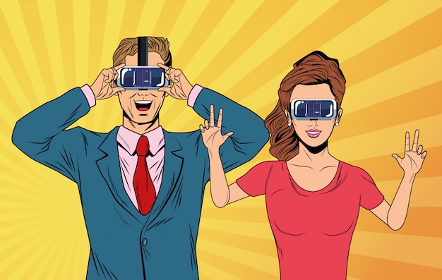 pop art couple using virtual reality glasses