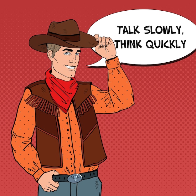 Vettore cowboy di pop art in cappello sorridente con il fumetto comico