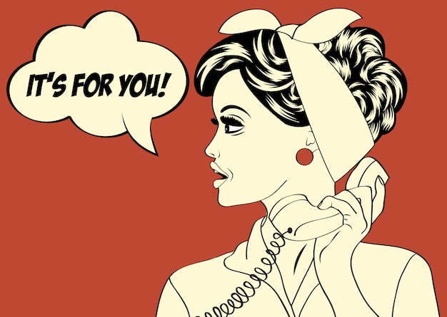 Vector pop art cute retro woman in comics style with message