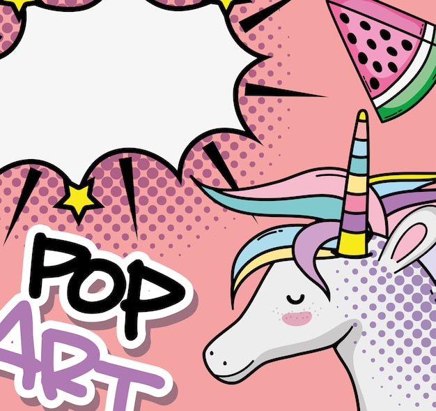 Progettazione grafica dell'illustrazione di vettore del fumetto di fantasia dell'unicorno di pop art di pop art