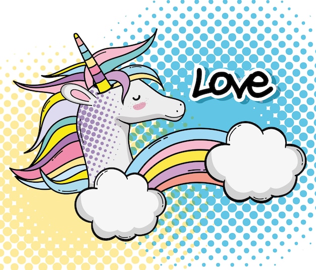 Pop art cute unicorn fantasy cartoon vector illustration graphic design