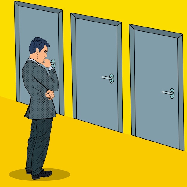 Pop art doubtful businessman choosing the right door