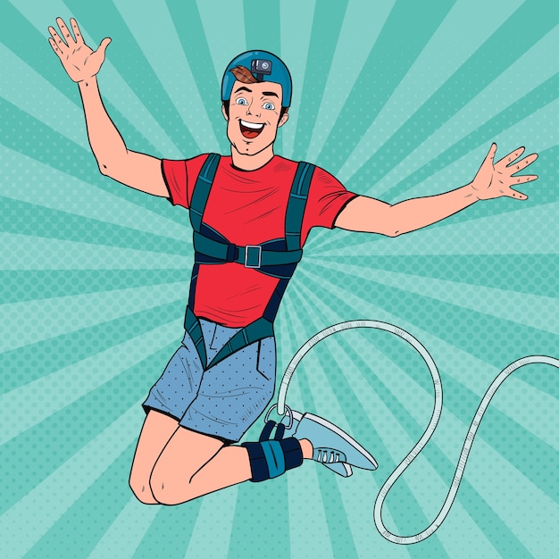 Pop art excited man jumping bungee