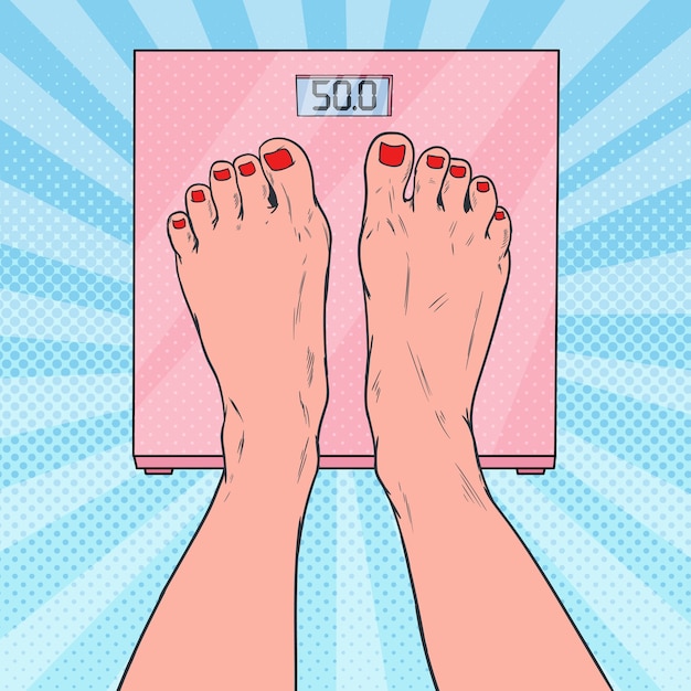 Vector pop art female feet on weighing scales