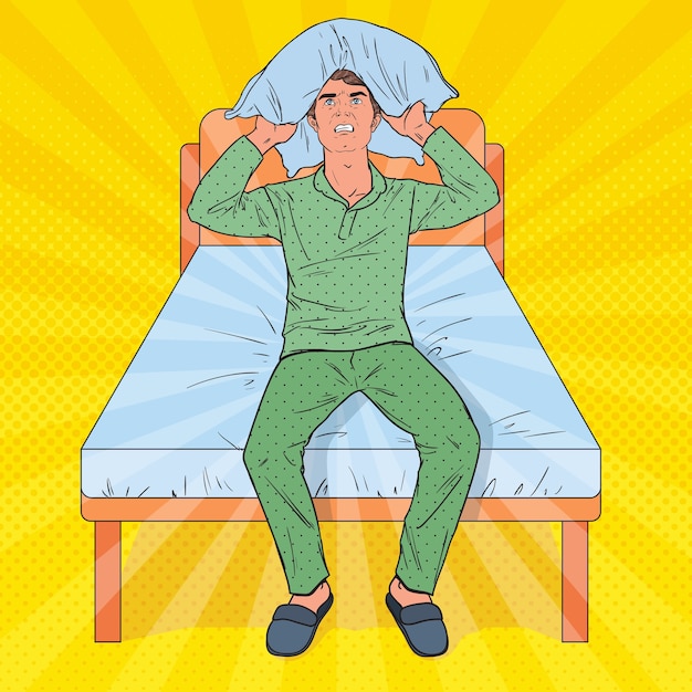 Premium Vector | Pop art frustrated man closing ears with pillow ...