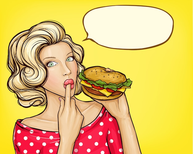 Vector pop art girl with burger licking finger