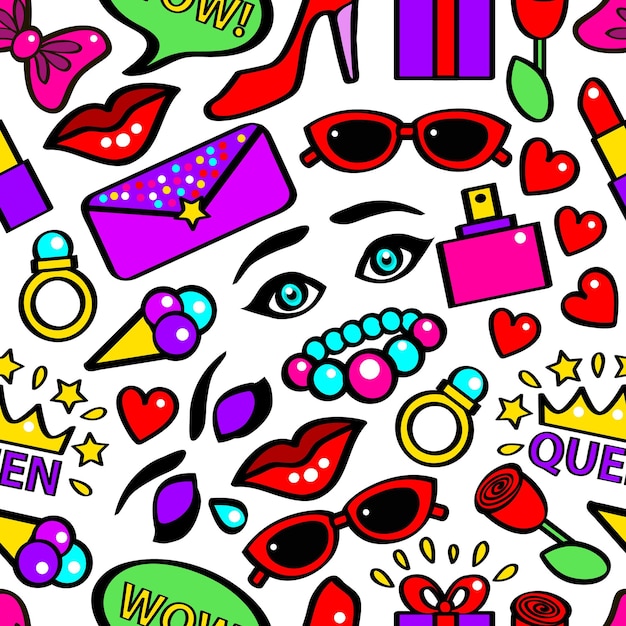 Pop Art Girlish Fashion Sticker Background Pattern on a White Vector