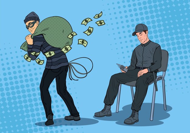 pop art guard man sleeping at work while thief stealing money
