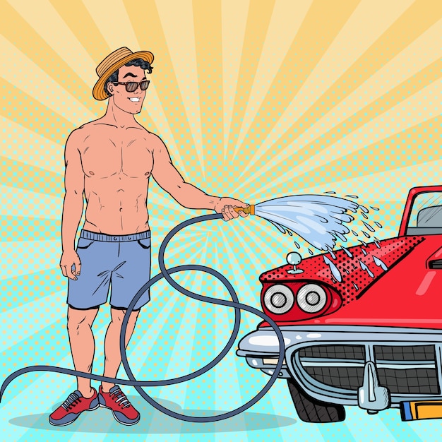 Pop Art Guy Washing His Classic Car