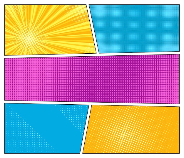 Vector pop art halftone background. comic starburst pattern. set cartoon banners with dots and rays. superhero starburst backdrop. vintage duotone texture. gradient wow design.