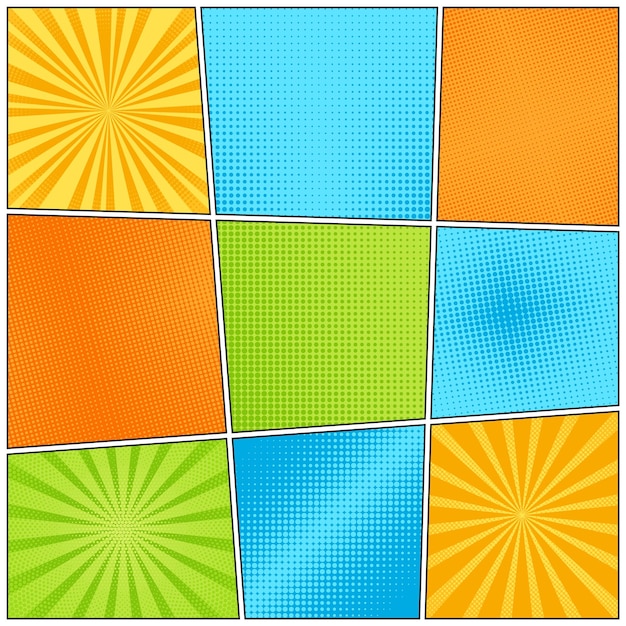 Pop art halftone backgrounds. set comic starburst patterns. cartoon textures. superhero wow print