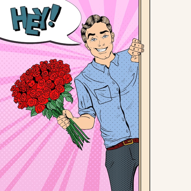 Pop art handsome man with flowers bouquet roses