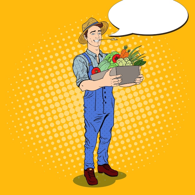 Pop art happy farmer holding basket with fresh vegetables