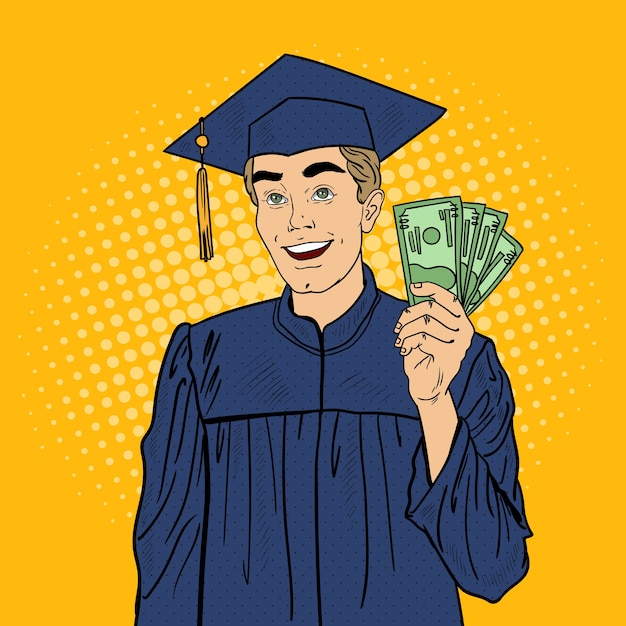 Vector pop art happy graduated student with money