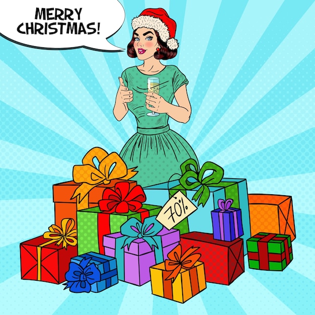 Pop art happy woman in santa hat with big gift boxes and champagne glass.