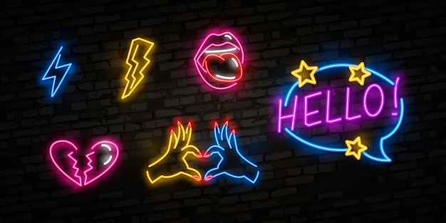 Set di icone pop art. insegna al neon pop art. insegna luminosa, insegna luminosa.