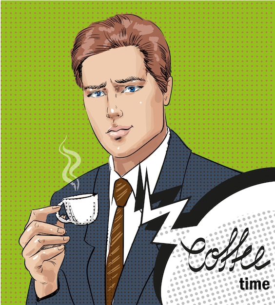 Pop art illustration of man with cup of coffee