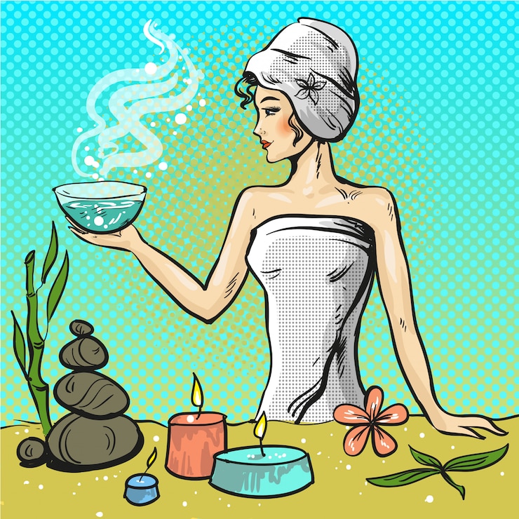Vector  pop art illustration of woman in spa beauty salon