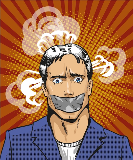  pop art illustration of young man with taped mouth