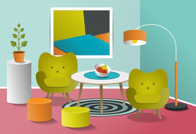 Pop art interior living room Retro minimalism colorful design Art cartoon vector