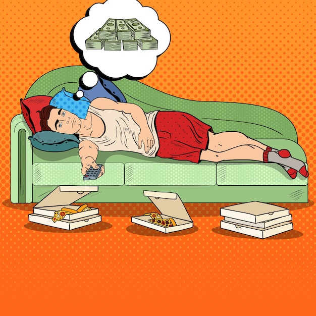 Vector pop art lazy man lying on sofa, watching tv and dreaming about big money