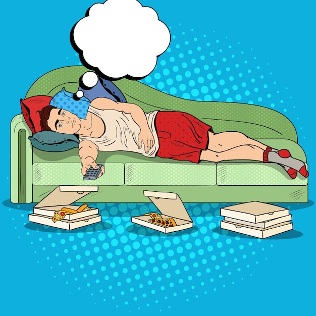 Vector pop art lazy man lying on sofa and watching tv with pizza