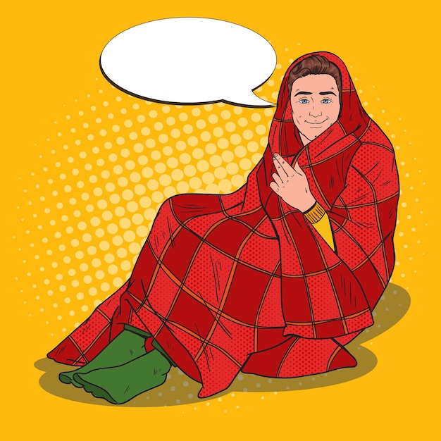 Pop art man covered in warm blanket