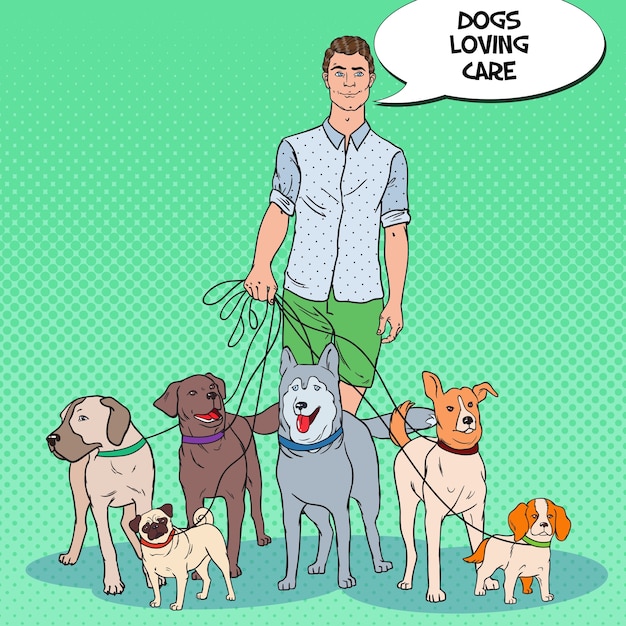 Vector pop art man dog walker illustration