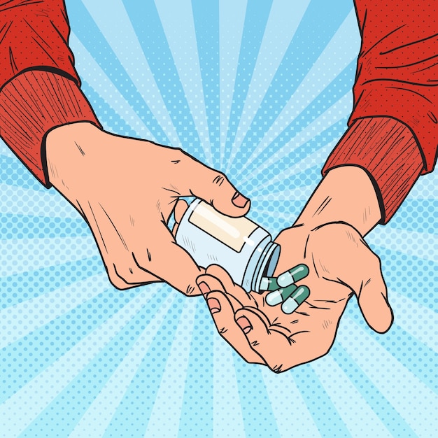 医薬品のボトルを保持しているポップアートの男。丸薬と男性の手。医薬品サプリメント。